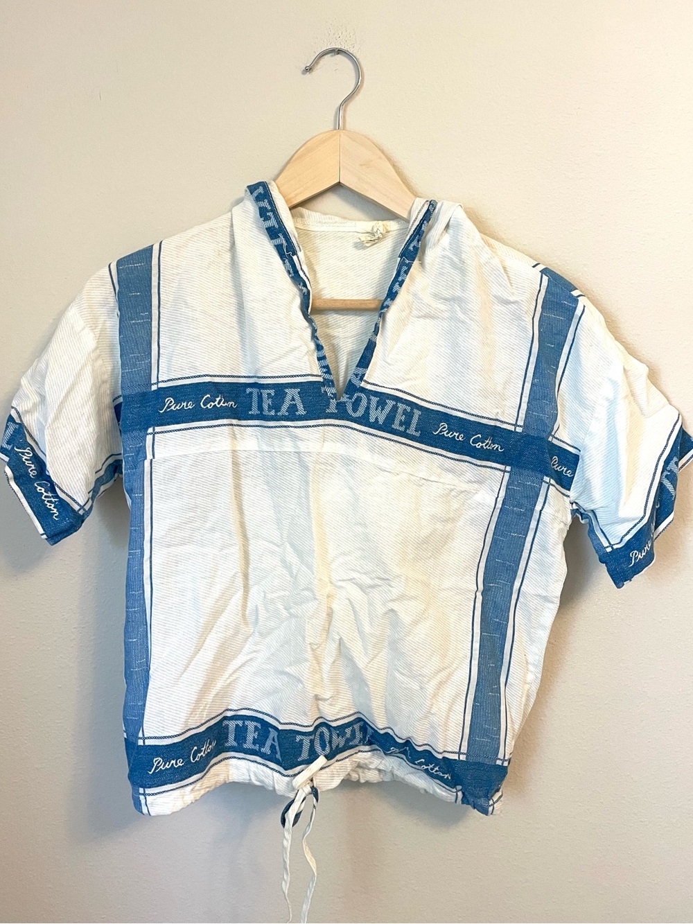 Cotton Blue & White Tea Towel Print Short Sleeve - Pullover Top - Size M Fits S